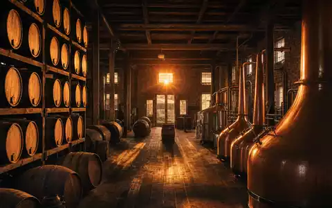 Brown-Forman Corp. US1170431092 zeigt eine authentische Bourbon-Destillerie in Louisville, Kentucky bei goldenem Abendsonnenlicht - Foto: THN