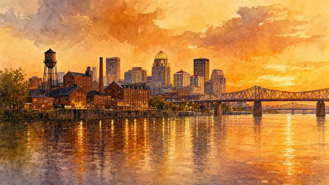 Aquarellgemälde der Louisville-Skyline mit Ohio River in Bernstein- und Ockertönen