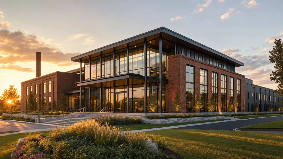 Architekturrender modernes Spirituosen-Firmengebäude in Louisville KY bei Sonnenuntergang