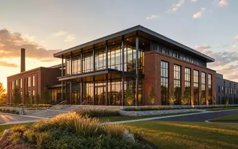 Brown-Forman Corp. US1170431092 moderner Firmensitz in Louisville als architektonisches Render mit Backsteinkulisse - Foto: THN