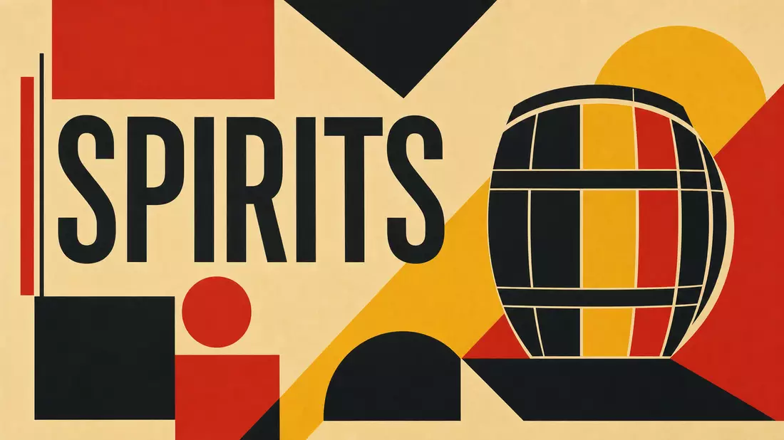 Bauhaus-Poster geometrisch SPIRITS Bourbon Fass in Rot Schwarz Gelb Beige
