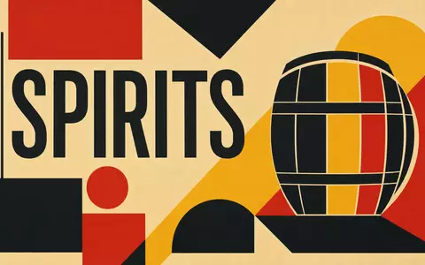 Brown-Forman Corp. US1170431092 als geometrisches Bauhaus-Poster mit dem Sektortext SPIRITS und stilisierter Fass-Silhouette - Foto: THN