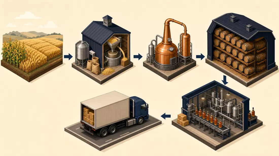 Isometrische 3D-Illustration der Bourbon-Wertschöpfungskette von Mais bis Vertrieb