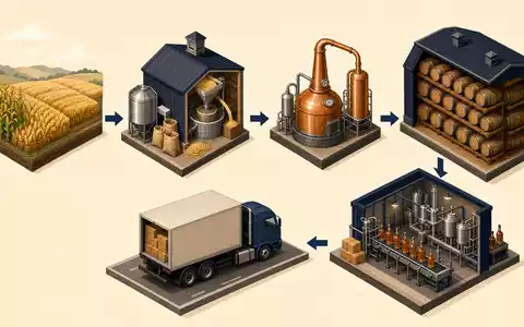Brown-Forman Corp. US1170431092 isometrische Bourbon-Wertschöpfungskette von Getreidefeld über Destillerie bis zur Auslieferung illustriert - Foto: THN