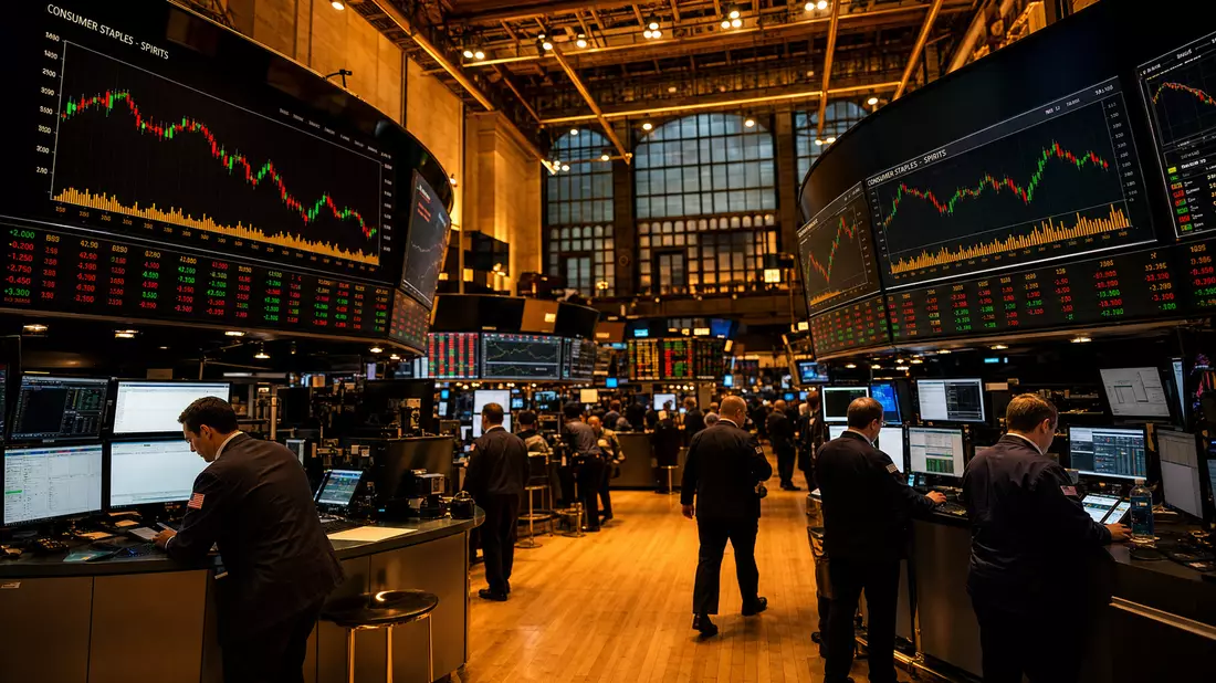 NYSE Trading Floor mit Consumer Staples Spirits Sektor Kursdiagrammen auf Bildschirmen