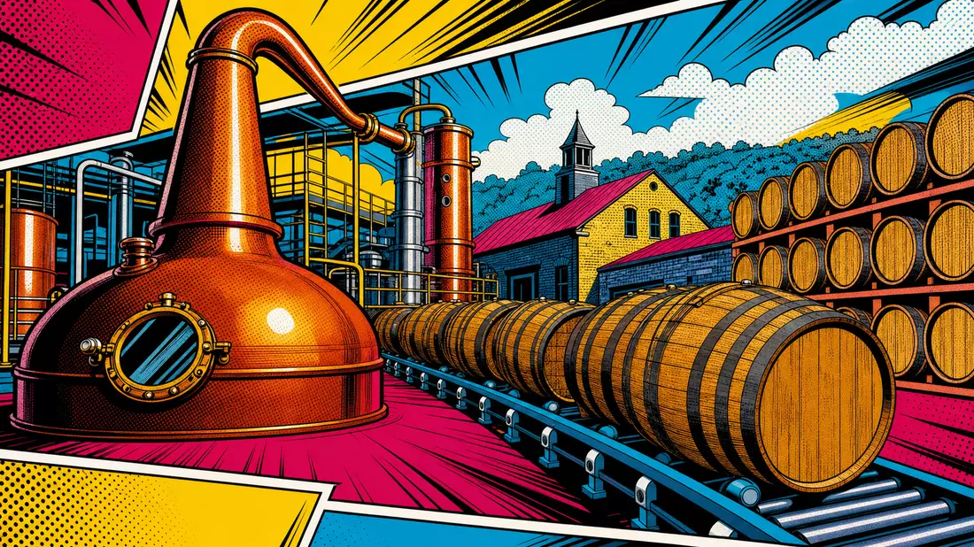 Pop-Art-Comic Kupfer-Pot-Still und Bourbon-Fässer in leuchtenden Halbtönen Magenta Gelb Cyan
