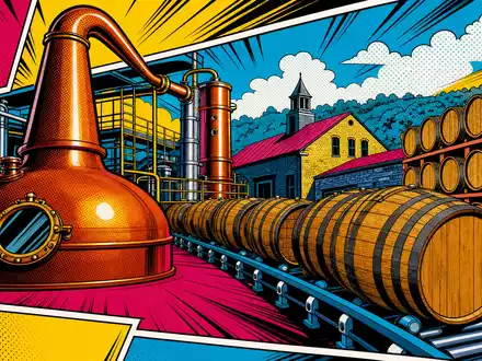 Brown-Forman Corp. US1170431092 als buntes Pop-Art-Comic mit überdimensionalem Kupfer-Destillierstill und rollenden Fässern - Foto: THN