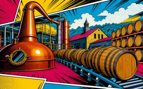 Brown-Forman Corp. US1170431092 als buntes Pop-Art-Comic mit überdimensionalem Kupfer-Destillierstill und rollenden Fässern - Foto: THN