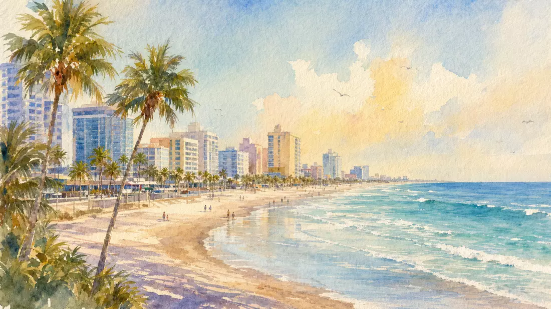 Aquarell der Daytona Beach Küstenlandschaft mit Palmen und Stadtsilhouette