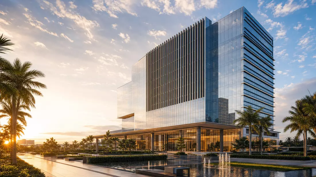 Architektur-CGI-Render eines modernen Versicherungskonzern-Towers bei Sonnenuntergang