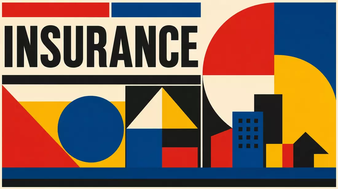Bauhaus-Poster mit INSURANCE-Schriftzug und geometrischen Primärfarben-Elementen