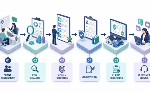 Brown & Brown Inc. Maklergeschäft visualisiert als isometrische 3D-Illustration der gesamten Versicherungs-Wertschöpfungskette US1156371007 - Foto: THN