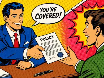 Brown & Brown Inc. als buntes Pop-Art-Comic wo ein Versicherungsmakler freudig eine Police überreicht US1156371007 - Foto: THN