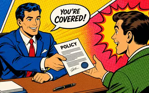 Brown & Brown Inc. als buntes Pop-Art-Comic wo ein Versicherungsmakler freudig eine Police überreicht US1156371007 - Foto: THN