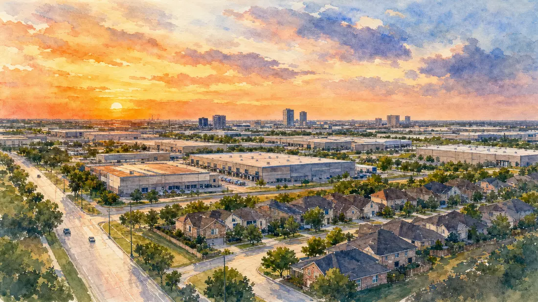 Aquarellgemälde von Irving Texas mit Wohnhäusern und Industriegebäuden bei Sonnenuntergang