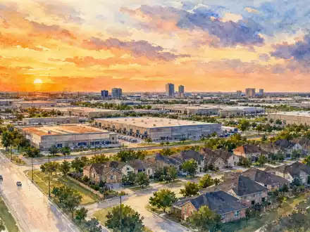 Builders FirstSource US12189T1043 Aquarell-Panorama von Irving Texas mit Wohngebieten und Lagerhallen bei Sonnenuntergang - Foto: THN