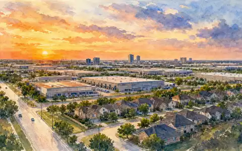 Builders FirstSource US12189T1043 Aquarell-Panorama von Irving Texas mit Wohngebieten und Lagerhallen bei Sonnenuntergang - Foto: THN