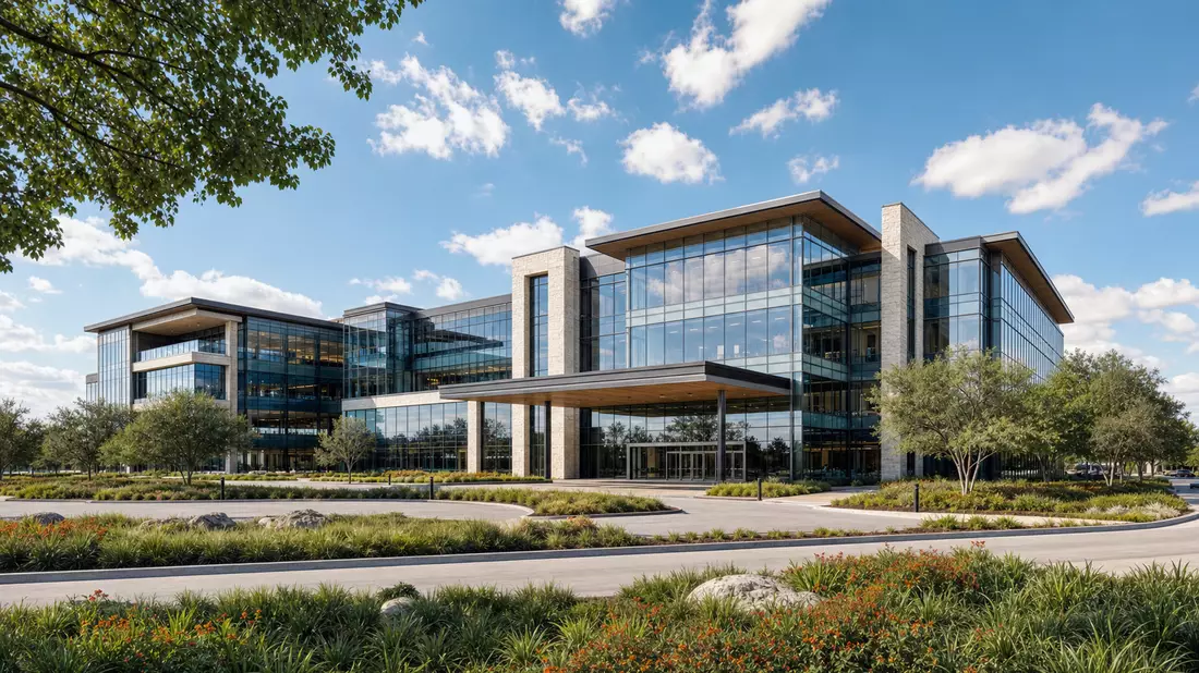 Architekturvisualisierung: Modernes Bürogebäude mit Glasfassade und Landschaftspflege, Texas