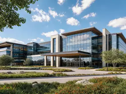 Builders FirstSource US12189T1043 modernes Unternehmenshauptquartier mit Glasfassade und Landschaftsgarten unter texanischem Himmel - Foto: THN