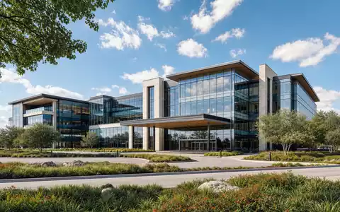 Builders FirstSource US12189T1043 modernes Unternehmenshauptquartier mit Glasfassade und Landschaftsgarten unter texanischem Himmel - Foto: THN