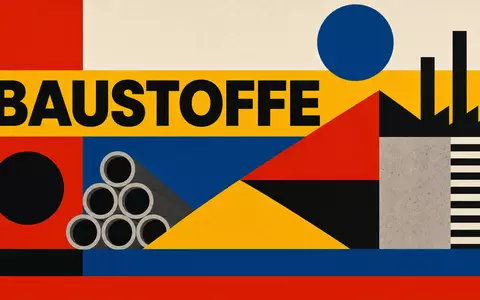 Builders FirstSource US12189T1043 geometrisches Bauhaus-Poster in Primärfarben mit großem Sektortext BAUSTOFFE und Symbolen - Foto: THN