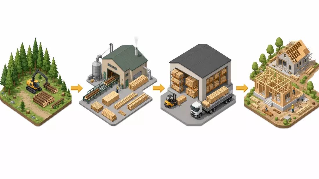 Isometrisches 3D-Diagramm: Lieferkette Baustoff-Distribution von Wald bis Baustelle