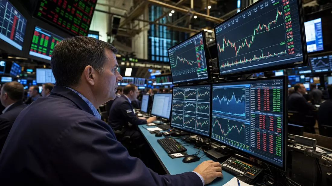 NYSE Trading Floor: Händler verfolgt Kursverläufe des Baustoff-Sektors auf Monitoren