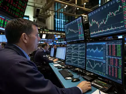 Builders FirstSource US12189T1043 NYSE-Börsenhändler beobachtet Baustoffe-Aktienkurse und Sektor-Charts auf mehreren großen Monitoren - Foto: THN