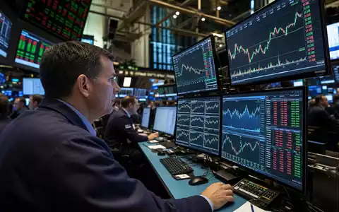 Builders FirstSource US12189T1043 NYSE-Börsenhändler beobachtet Baustoffe-Aktienkurse und Sektor-Charts auf mehreren großen Monitoren - Foto: THN