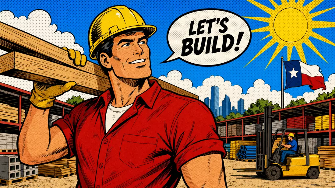 Pop-Art-Comic: Selbstbewusster Bauarbeiter mit Holzbalken und Gabelstapler, Texas-Sonne