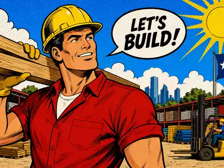 Builders FirstSource US12189T1043 Pop-Art-Comic zeigt Bauarbeiter mit Holzbalken auf einem texanischen Baustoffmateriallager - Foto: THN