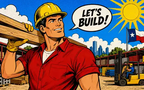 Builders FirstSource US12189T1043 Pop-Art-Comic zeigt Bauarbeiter mit Holzbalken auf einem texanischen Baustoffmateriallager - Foto: THN
