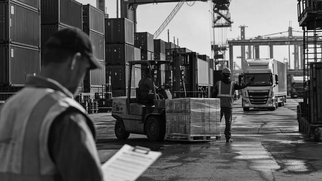 Schwarzweiß-Reportage Frachtumschlag, Gabelstapler und Container
