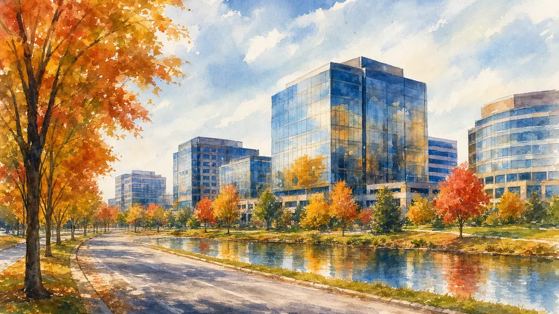 Aquarell Bürogebäude Eden Prairie Minnesota Herbstlandschaft