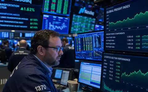 C.H. Robinson Worldwide US12468P1049 am NASDAQ-Handelsboden mit Transport-Sektor-Charts auf Monitoren der Händler - Foto: THN