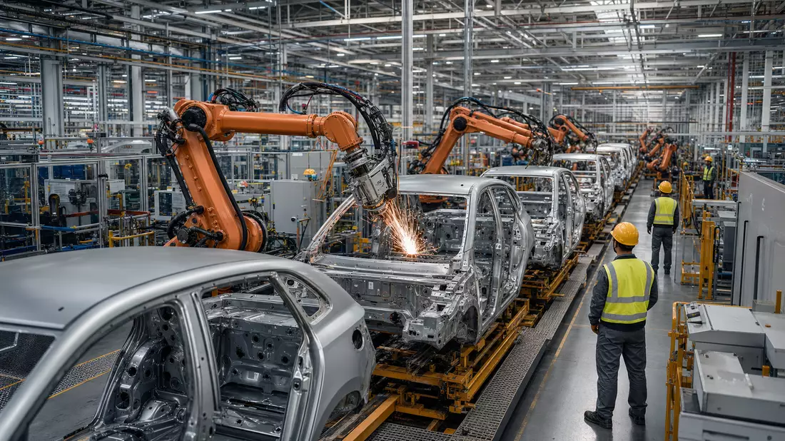 Automontagewerk mit orangefarbenen Roboterarmen und Fahrzeugkarosserien am Fließband