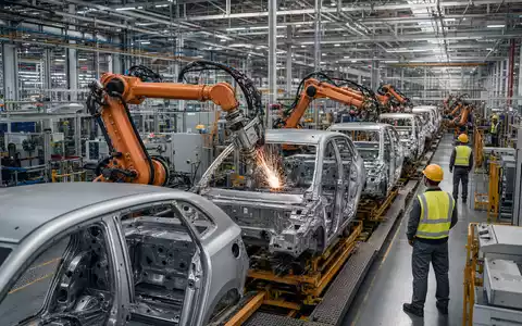 General Motors betreibt ein modernes Montagewerk mit Roboterarmen und Fließbandproduktion, ISIN US37045V1008 - Foto: THN
