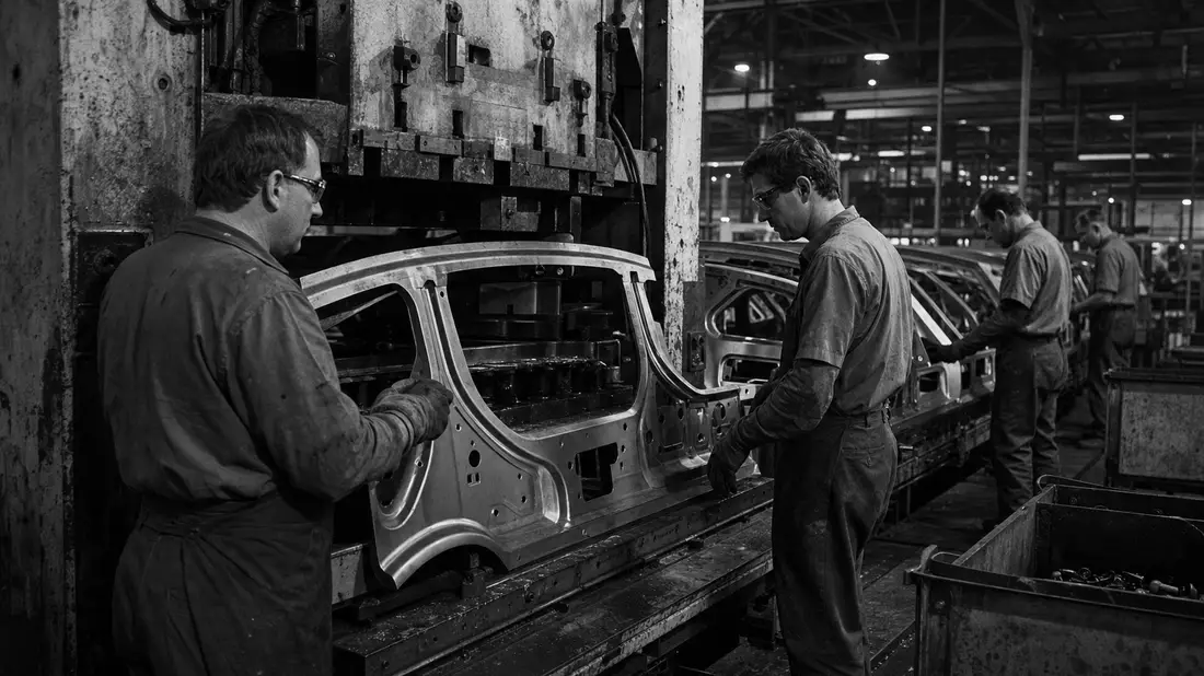 Schwarz-Weiß-Dokumentaraufnahme von Automobilarbeitern an einer industriellen Montagepresse
