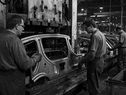 General Motors zeigt Arbeiter in einer dokumentarischen Schwarzweiß Reportage an der Montagelinie, ISIN US37045V1008 - Foto: THN