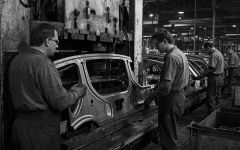 General Motors zeigt Arbeiter in einer dokumentarischen Schwarzweiß Reportage an der Montagelinie, ISIN US37045V1008 - Foto: THN