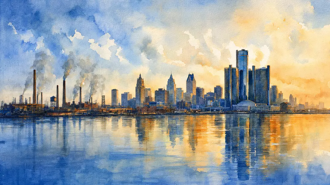 Aquarellmalerei der Detroiter Skyline mit Autowerken und Flussreflexionen in Blau und Gold