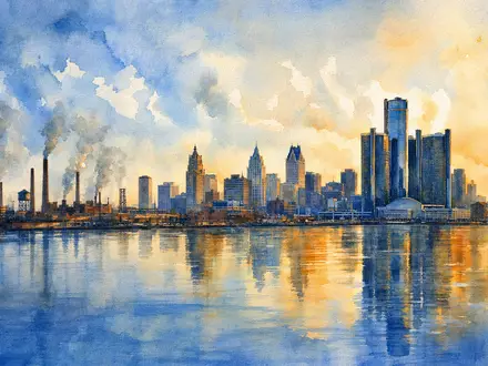General Motors Heimatstadt Detroit als Aquarell Stadtpanorama mit Industriekulisse und Flussreflexion, ISIN US37045V1008 - Foto: THN