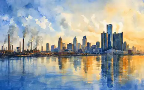 General Motors Heimatstadt Detroit als Aquarell Stadtpanorama mit Industriekulisse und Flussreflexion, ISIN US37045V1008 - Foto: THN