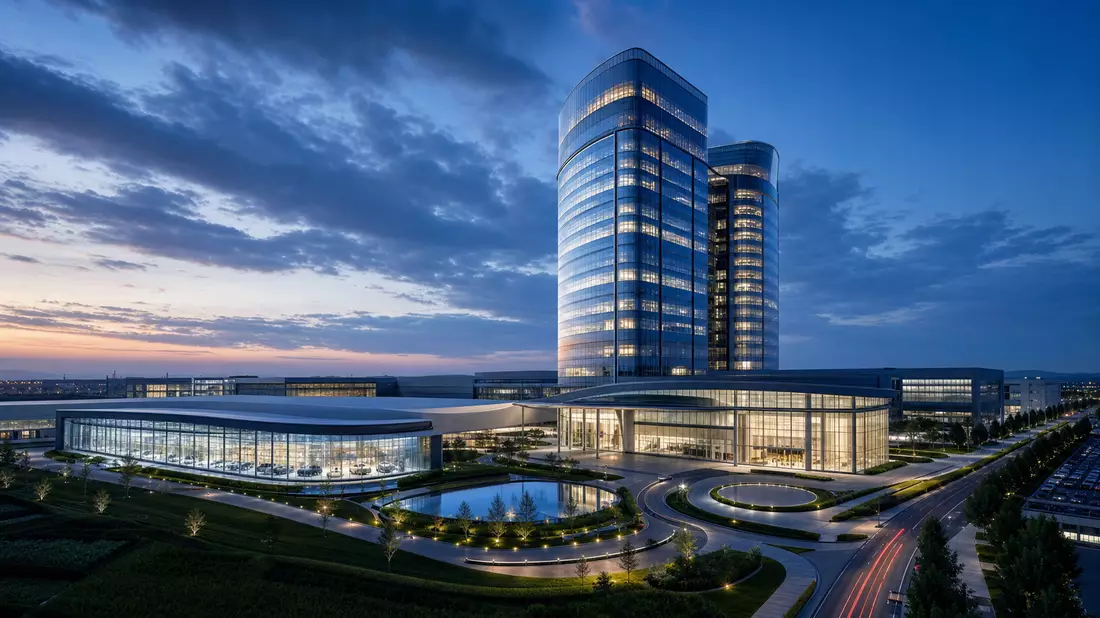 Modernes Glas-Stahl-Hochhaus eines Automobilkonzerns mit Showroom und gepflegtem Außengelände