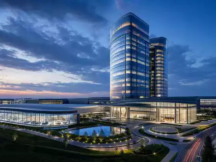 General Motors modernes Unternehmenshauptquartier als Architektur Render bei Blaue Stunde Abenddämmerung, ISIN US37045V1008 - Foto: THN
