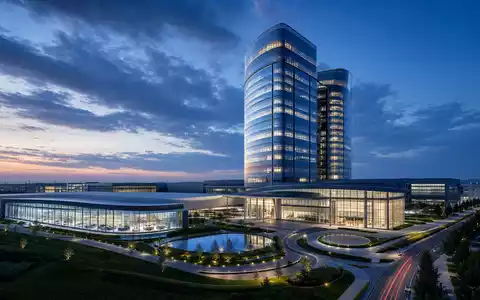 General Motors modernes Unternehmenshauptquartier als Architektur Render bei Blaue Stunde Abenddämmerung, ISIN US37045V1008 - Foto: THN
