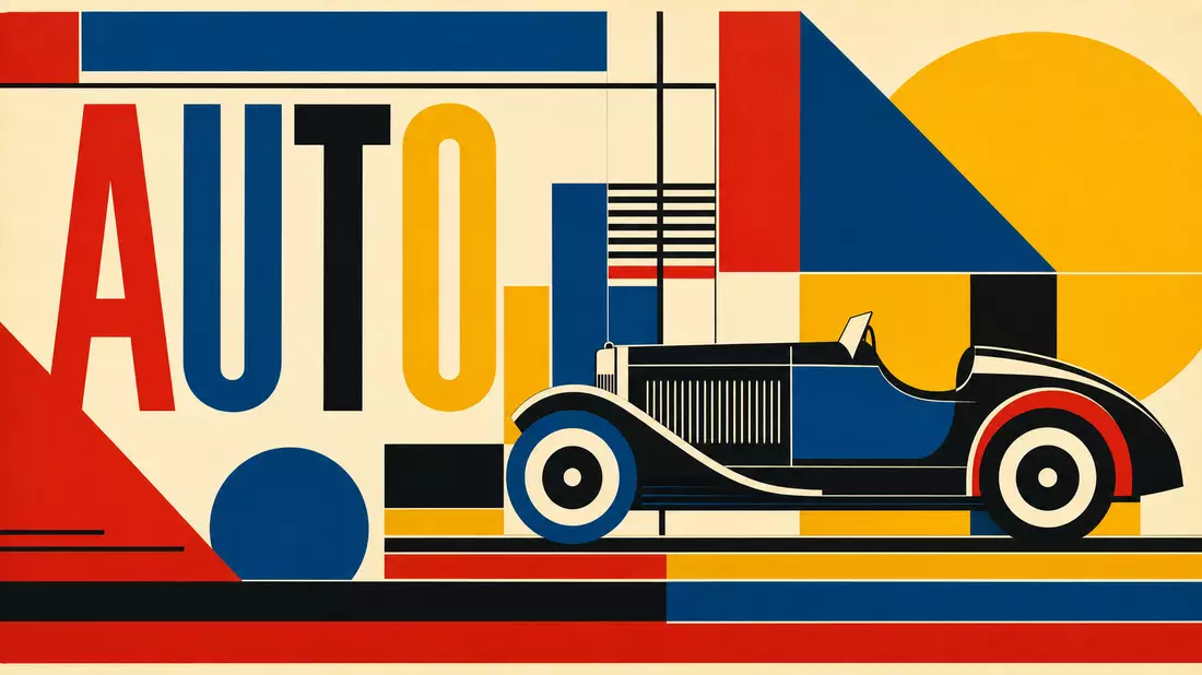 Bauhaus-Poster mit geometrischen Primärfarben, Retro-Automobil-Silhouette und großem AUTO-Schriftzug