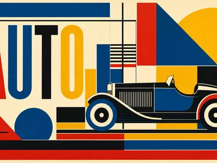 General Motors Automobil Sektor als Bauhaus Poster mit geometrischen Formen und AUTO Schriftzug, ISIN US37045V1008 - Foto: THN