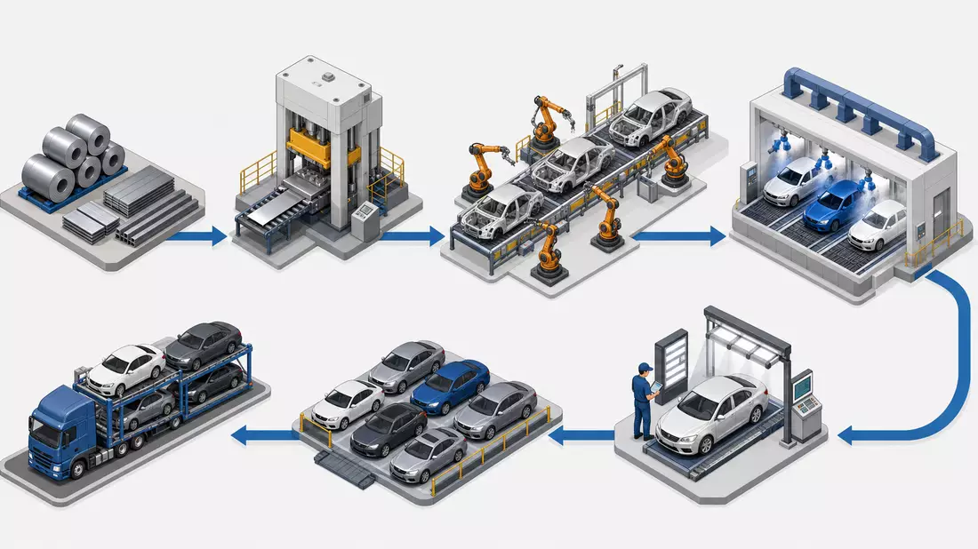 Isometrisches 3D-Diagramm der Automobilfertigung von Stahlcoils über Pressen und Montage bis Logistik
