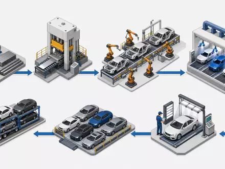 General Motors Wertschöpfungskette vom Stahlcoil bis zur Fahrzeuglieferung als isometrisches 3D Diagramm, ISIN US37045V1008 - Foto: THN